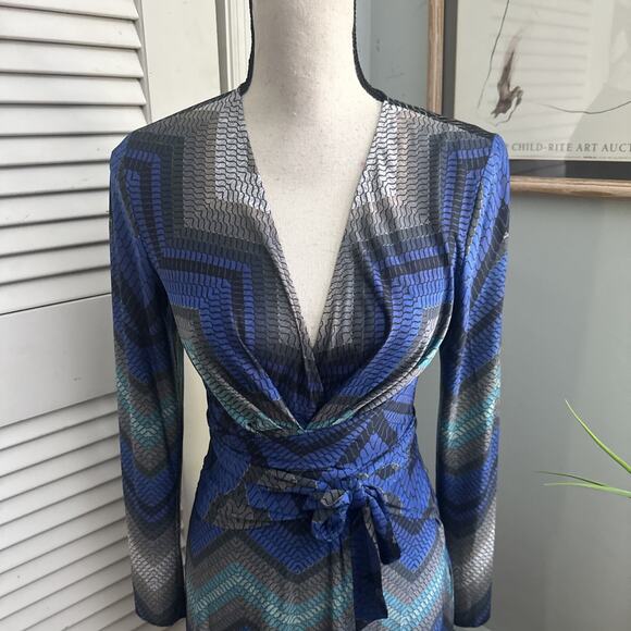 Vintage CACHE Dress Womens Small Blue Wrap Jersey Stretch Retro Y2K Cocktail - Picture 2 of 9